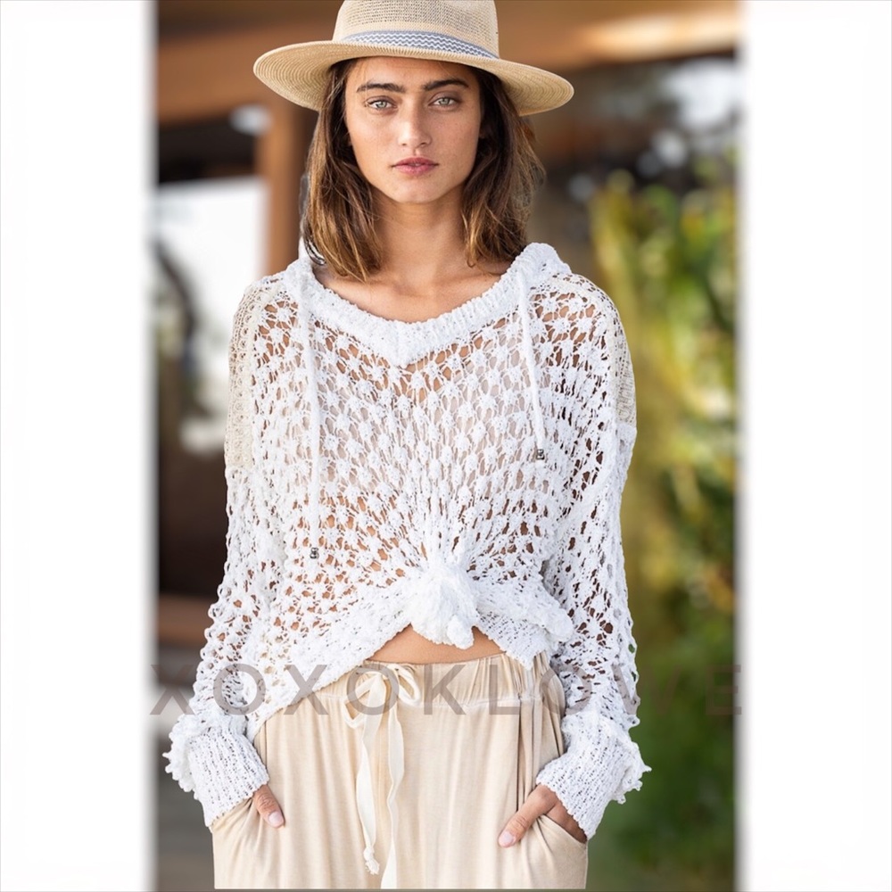 POL White Open-Knit Hooded Scoop Neck Sweater - Picture 5 of 14